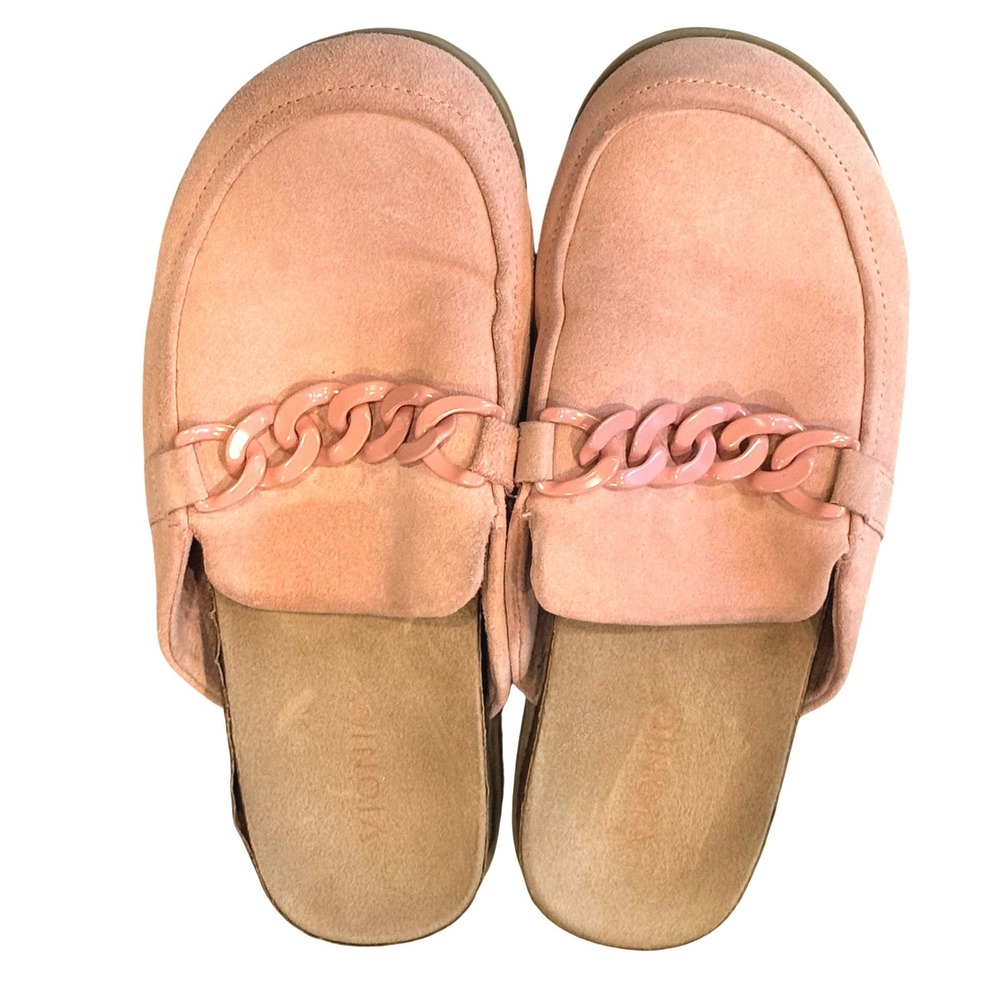 Vionic Georgie Pink Suede Mule Slippers Chain Link Slip On Shoes Womens 9 EUC